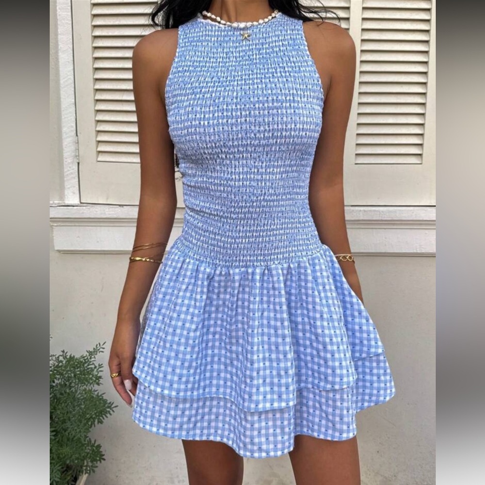 Blue Plaid Sleeveless A-Line Mini Dress, Elastic Waist, Fitted Silhouette - Picture 3 of 4